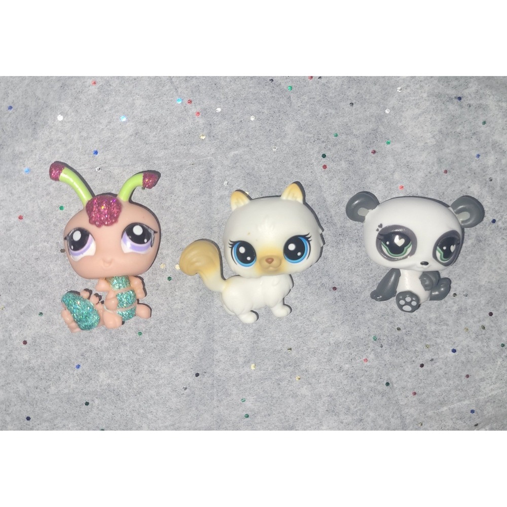 Hasbro Littlest Pet Shop LPS Lot 3 Figures Caterpillar Cat Panda Glittery Toy